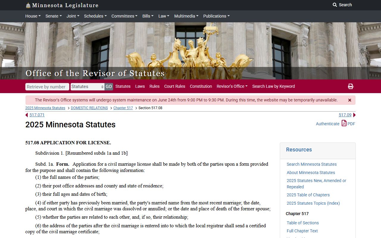 Nicollet County Court Administrator marriage license statute distinction