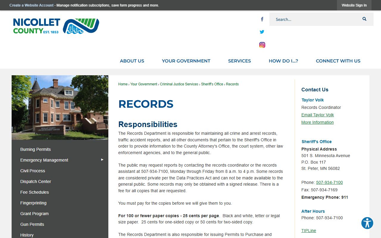 Nicollet County arrest records Sheriff records request page