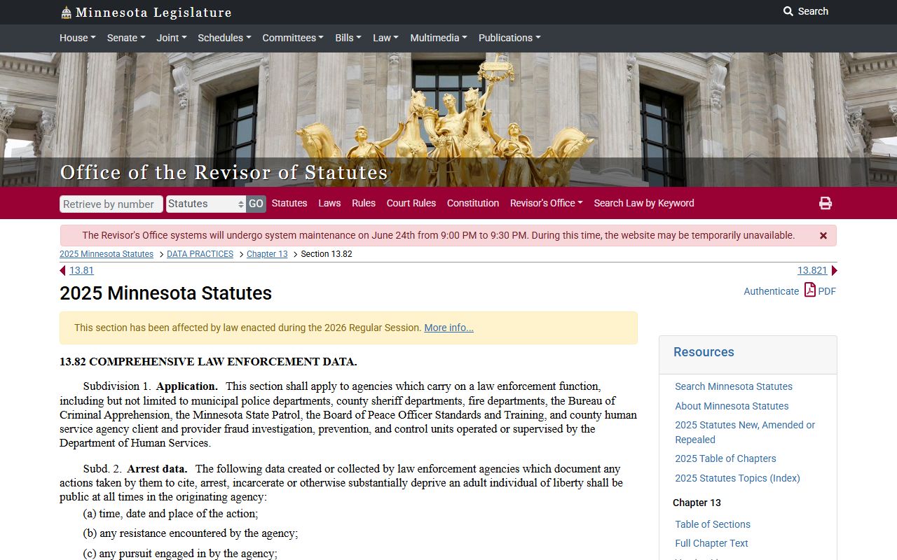 Nicollet County arrest records Minnesota law enforcement data statute