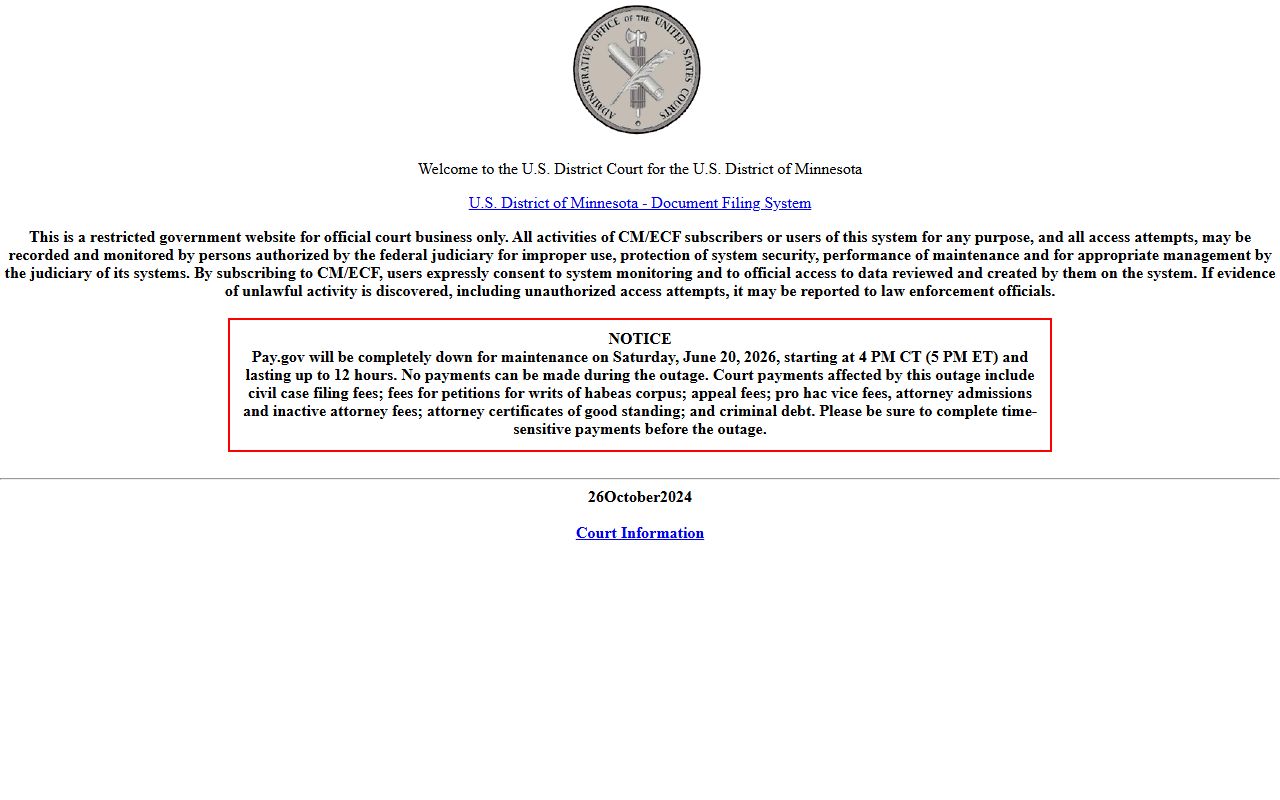 Nicollet County court dockets District of Minnesota CM ECF screen
