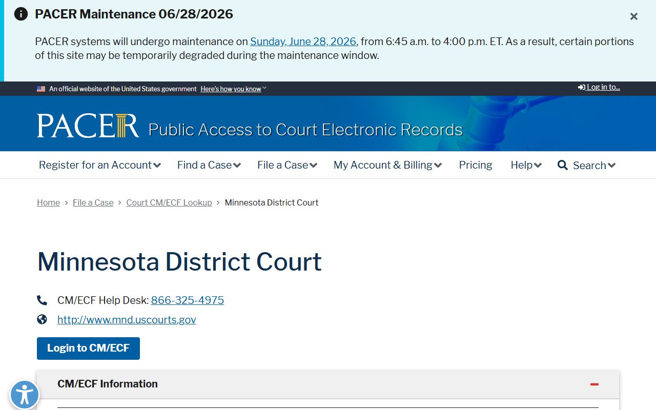 Nicollet County court dockets PACER CM ECF lookup for Minnesota federal court