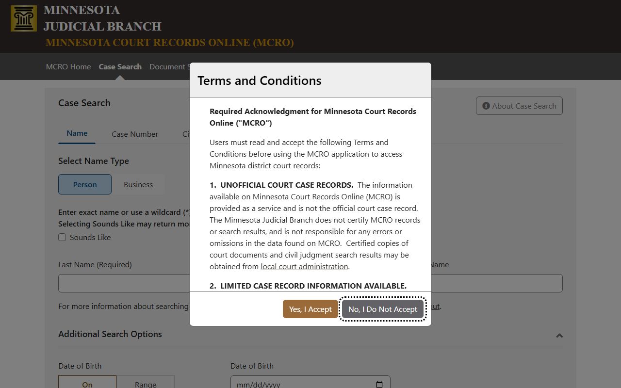 Nicollet County court records MCRO Case Search screen