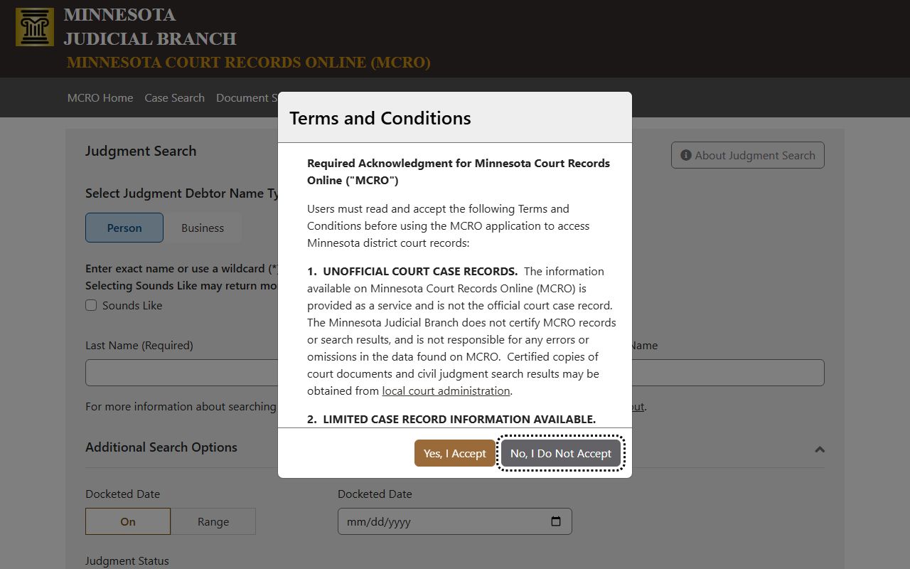 Nicollet County court records MCRO Judgment Search screen