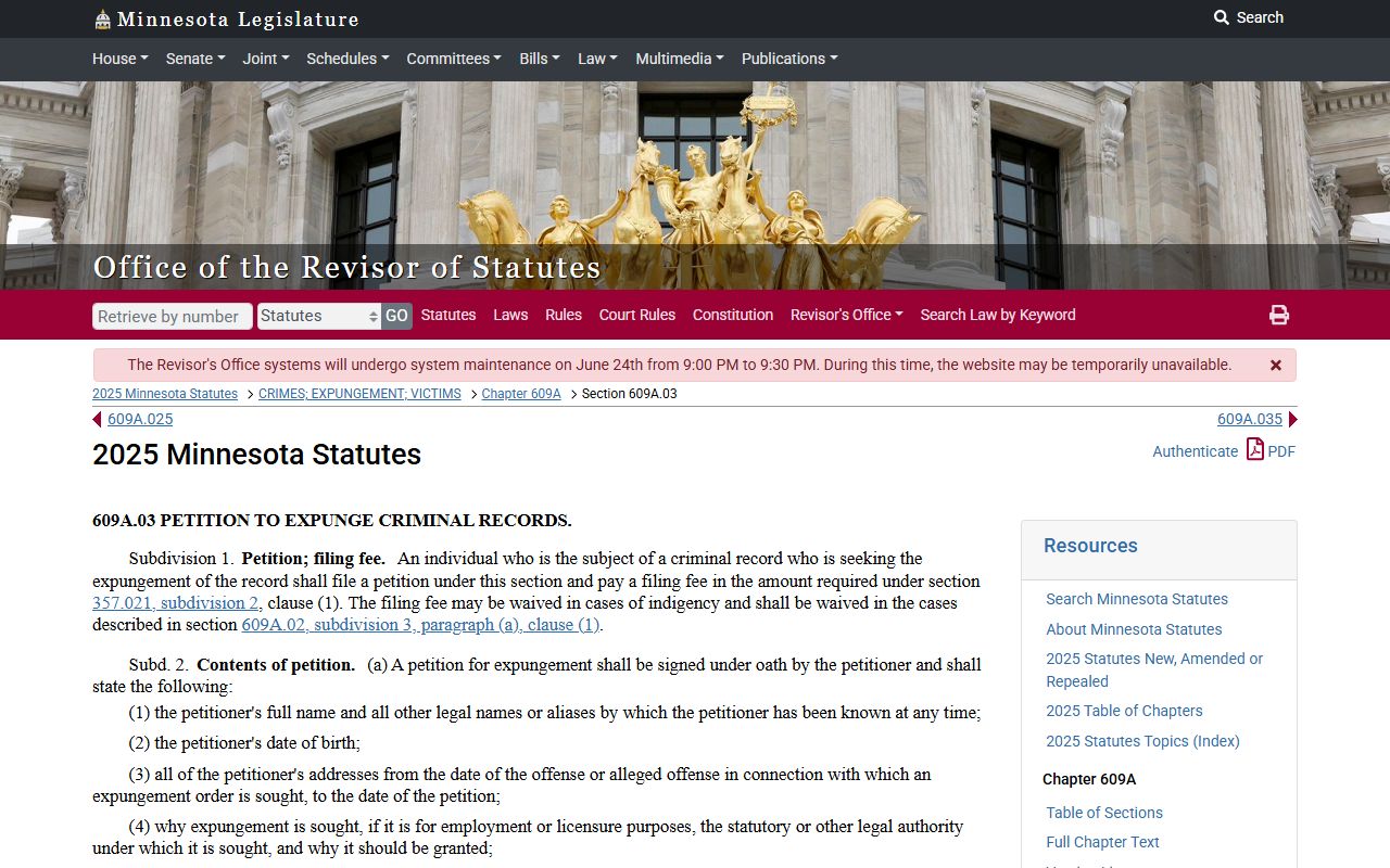 Nicollet County criminal court records Minnesota expungement petition statute