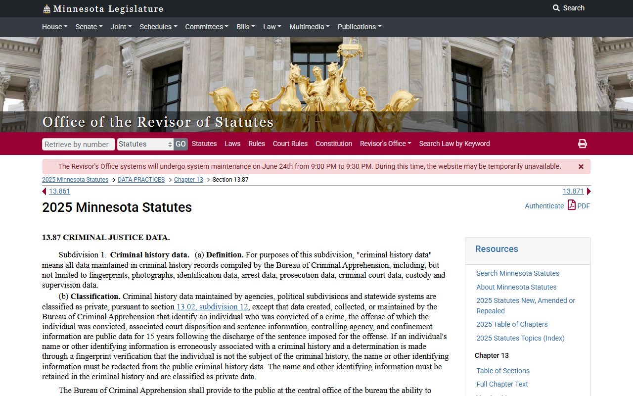 Nicollet County criminal court records Minnesota criminal history data statute