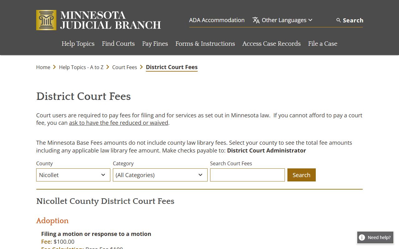 Nicollet County District Court fees and case access