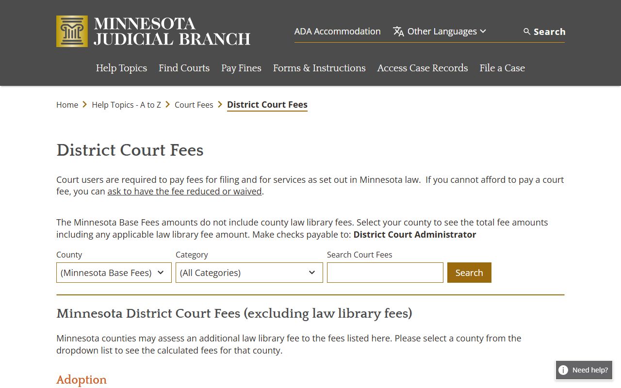 Nicollet County District Court state fee schedule