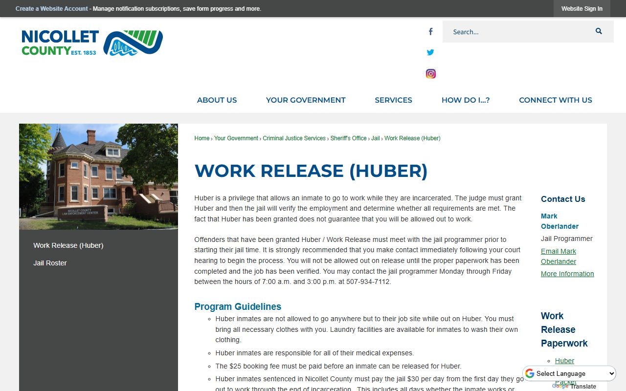 Nicollet County inmate records work release Huber rules
