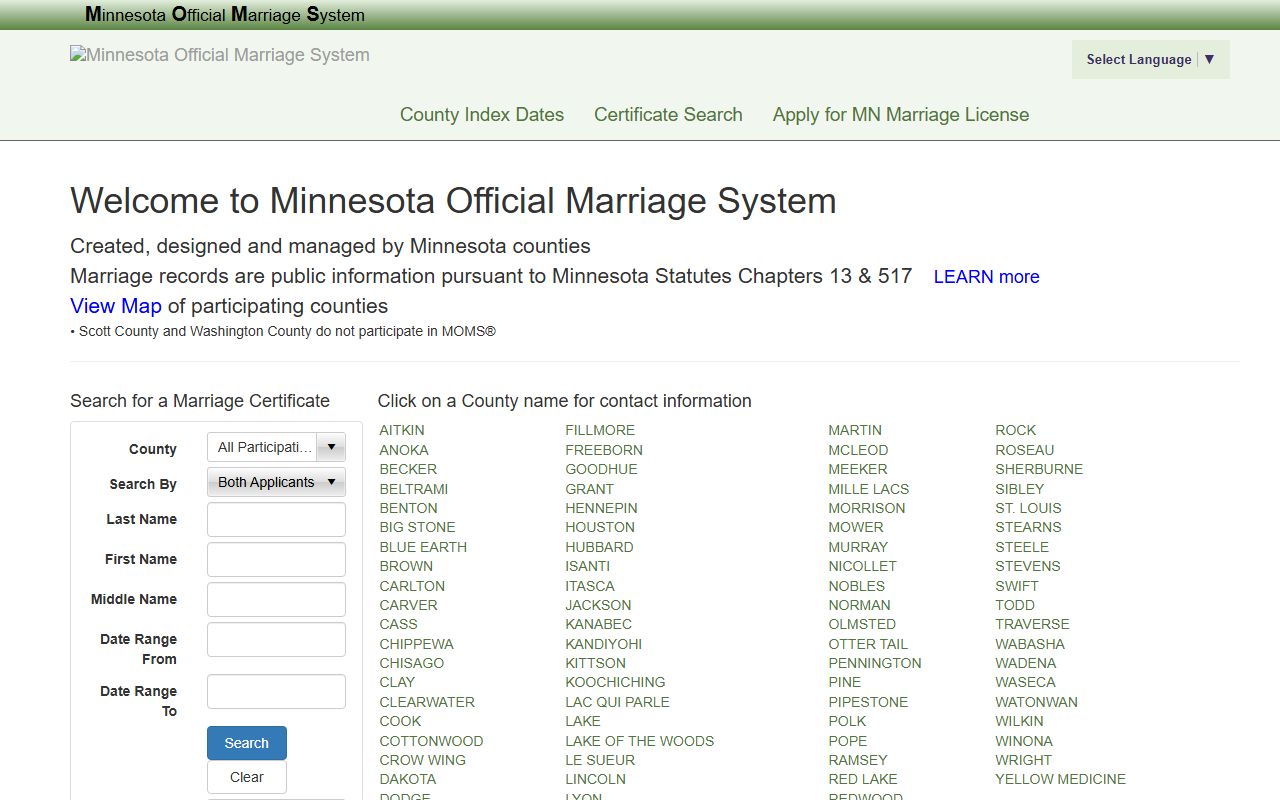Nicollet County marriage divorce records Minnesota Official Marriage System