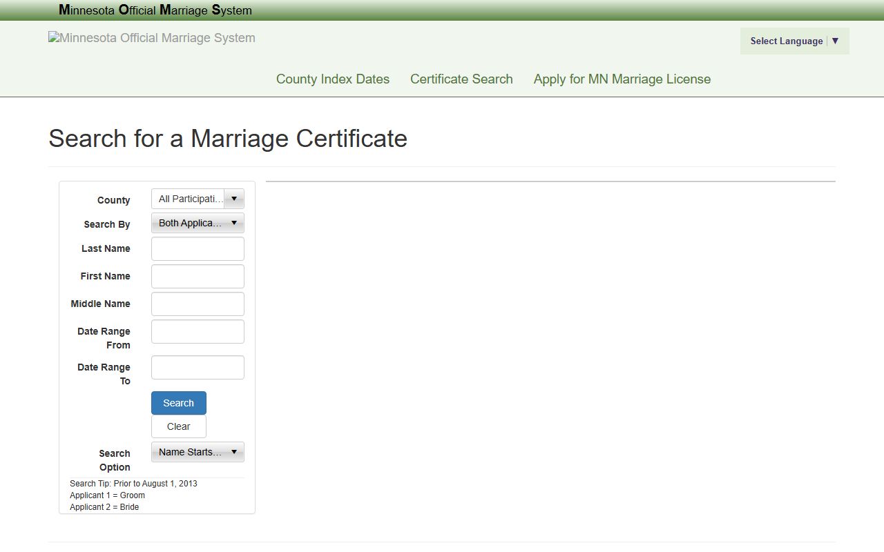 Nicollet County marriage divorce records MOMS certificate search