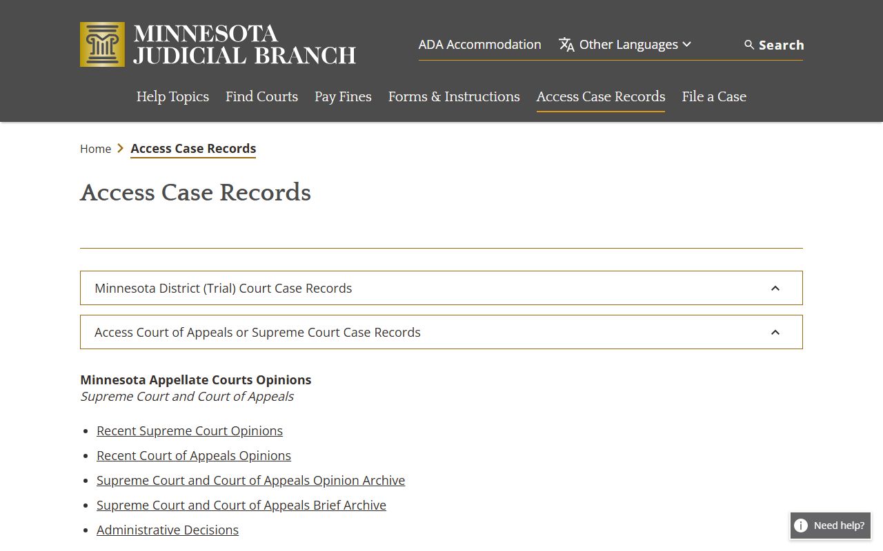 Nicollet County court records access case records page