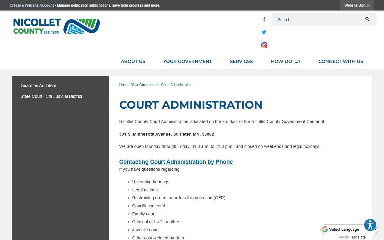 Nicollet County court records Court Administration page