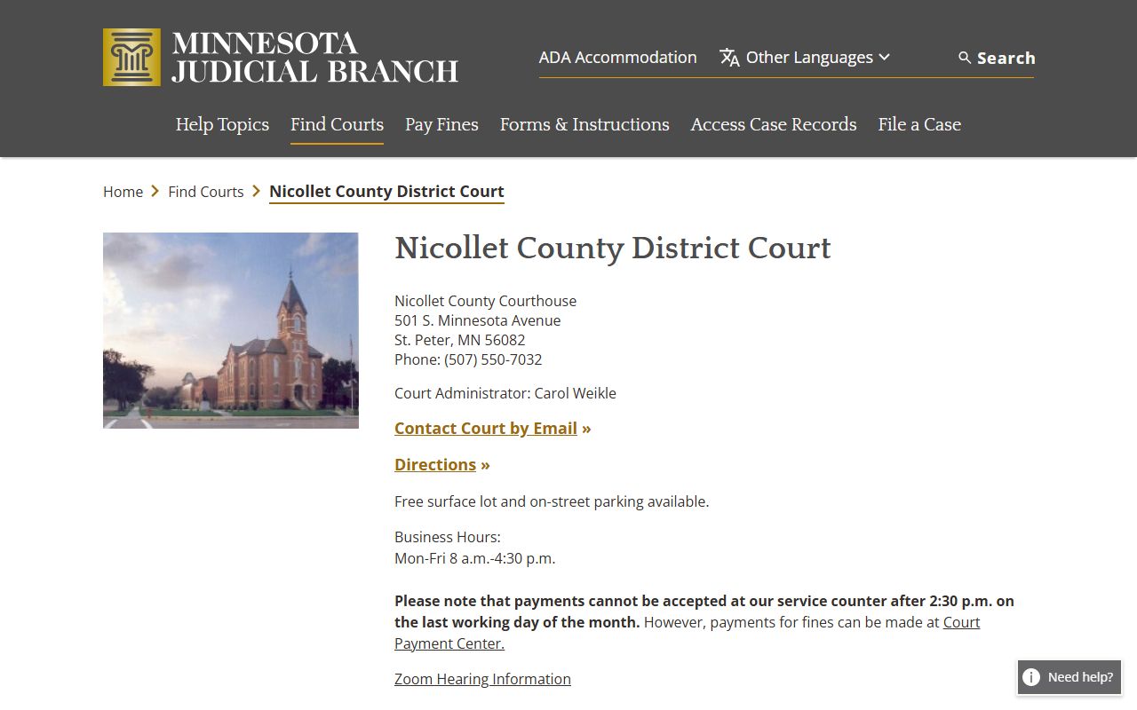 Nicollet County court records District Court page